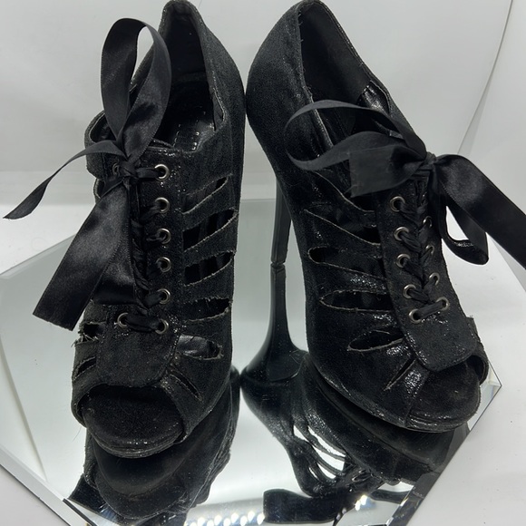 Sexy Lace-Up Cut out Peep Toe Little Black High Heels - Picture 7 of 10